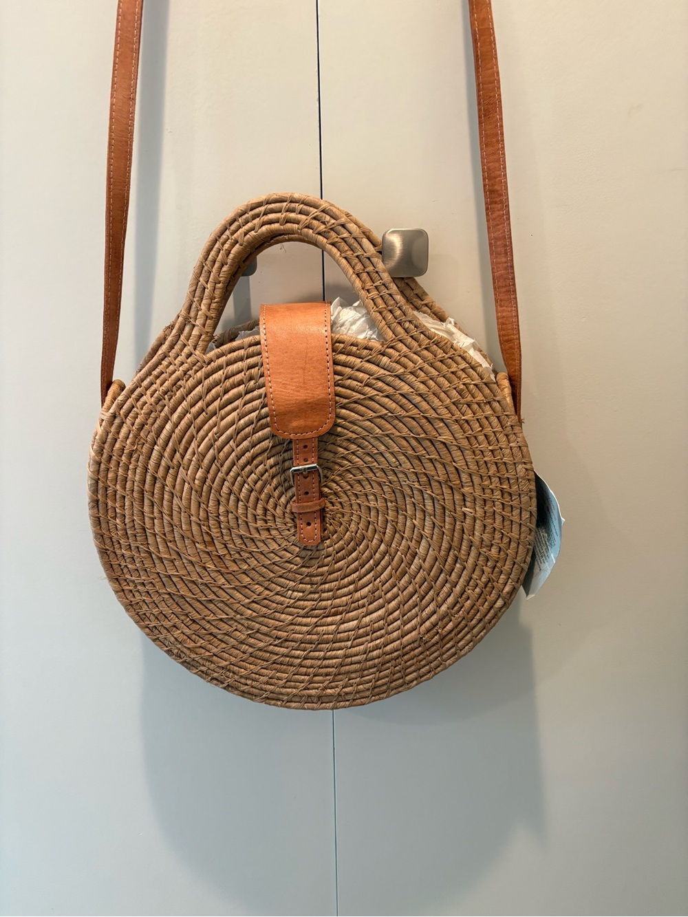 Round Woven Crossbody Bag with Leather Strap - Brown